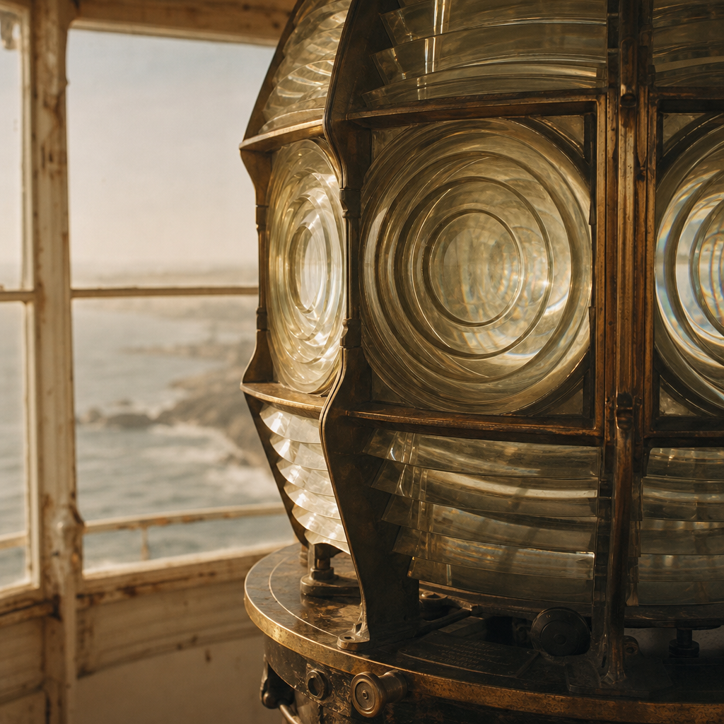 Close detail of brass lantern room lens with salt haze on glass