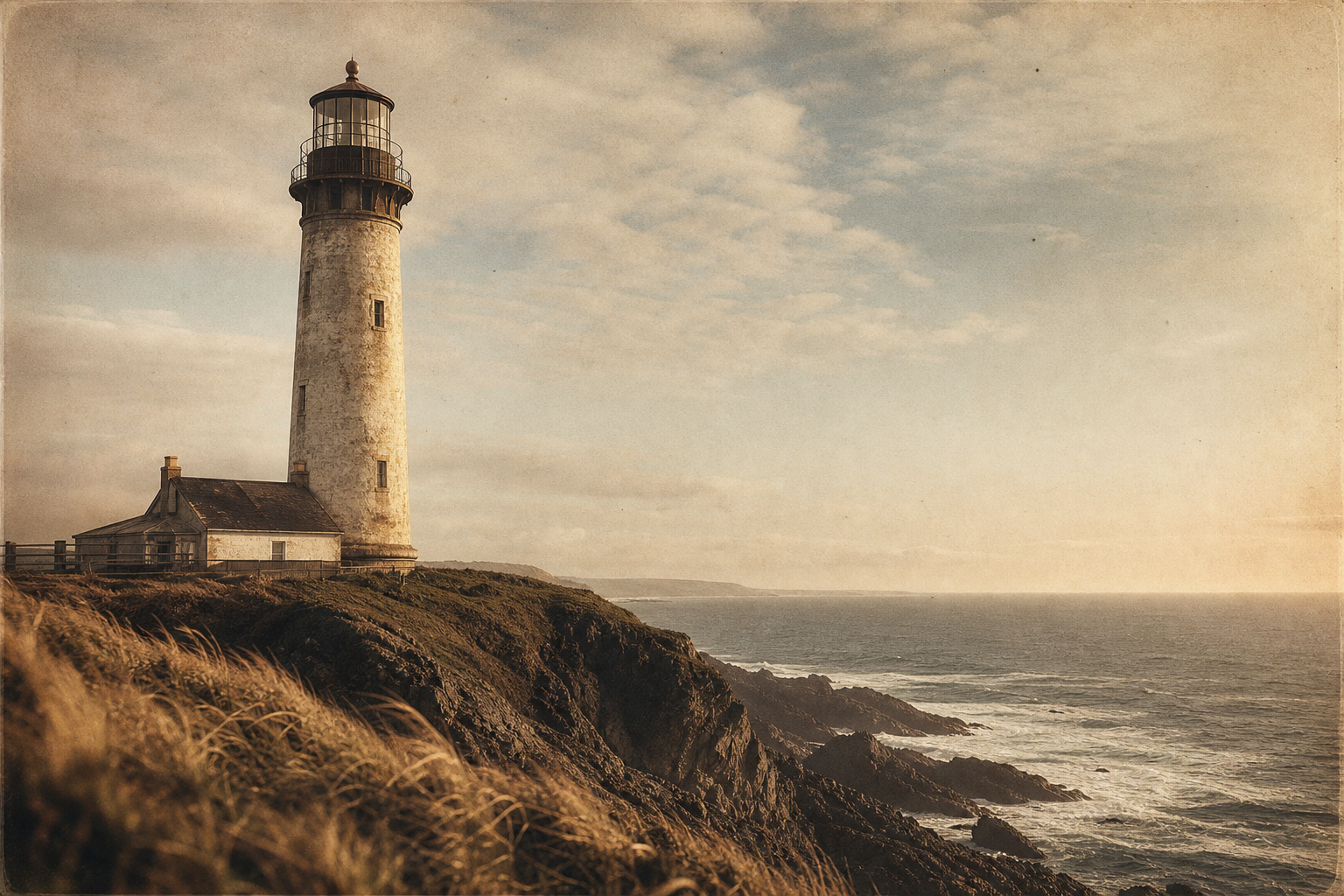Tall stone lighthouse exterior on a windswept cliff at late afternoon