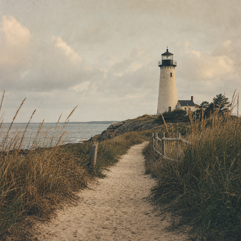 Shoreline approach path with dune grass leading toward a distant lighthouse