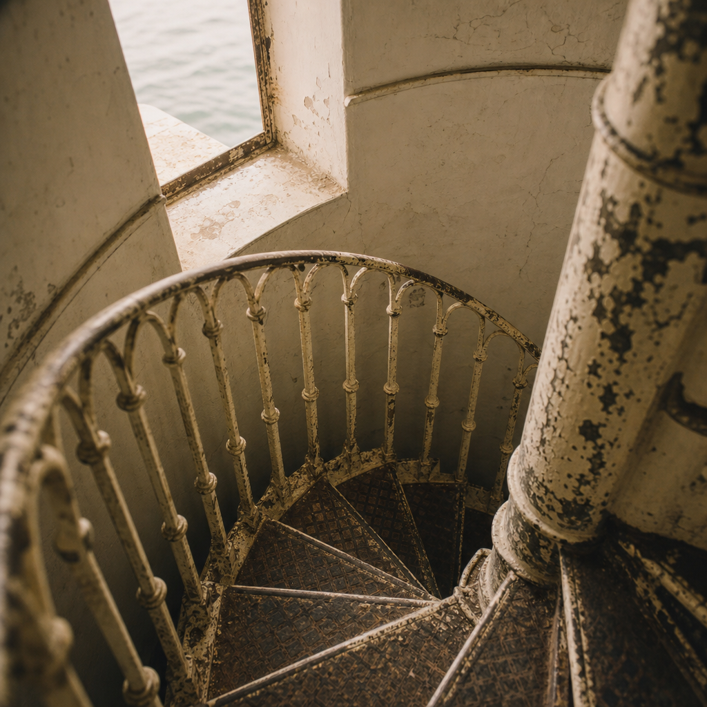 Weathered iron lighthouse stair with worn paint and curved shadow