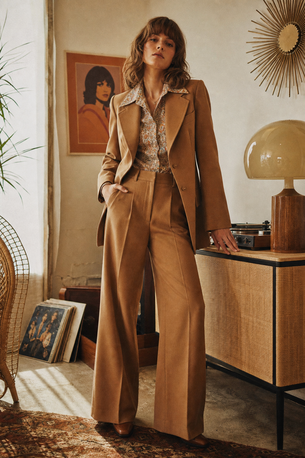 Warm film-style editorial photo of a model in a 1970s-inspired wide-leg suit with soft sunlight and grain