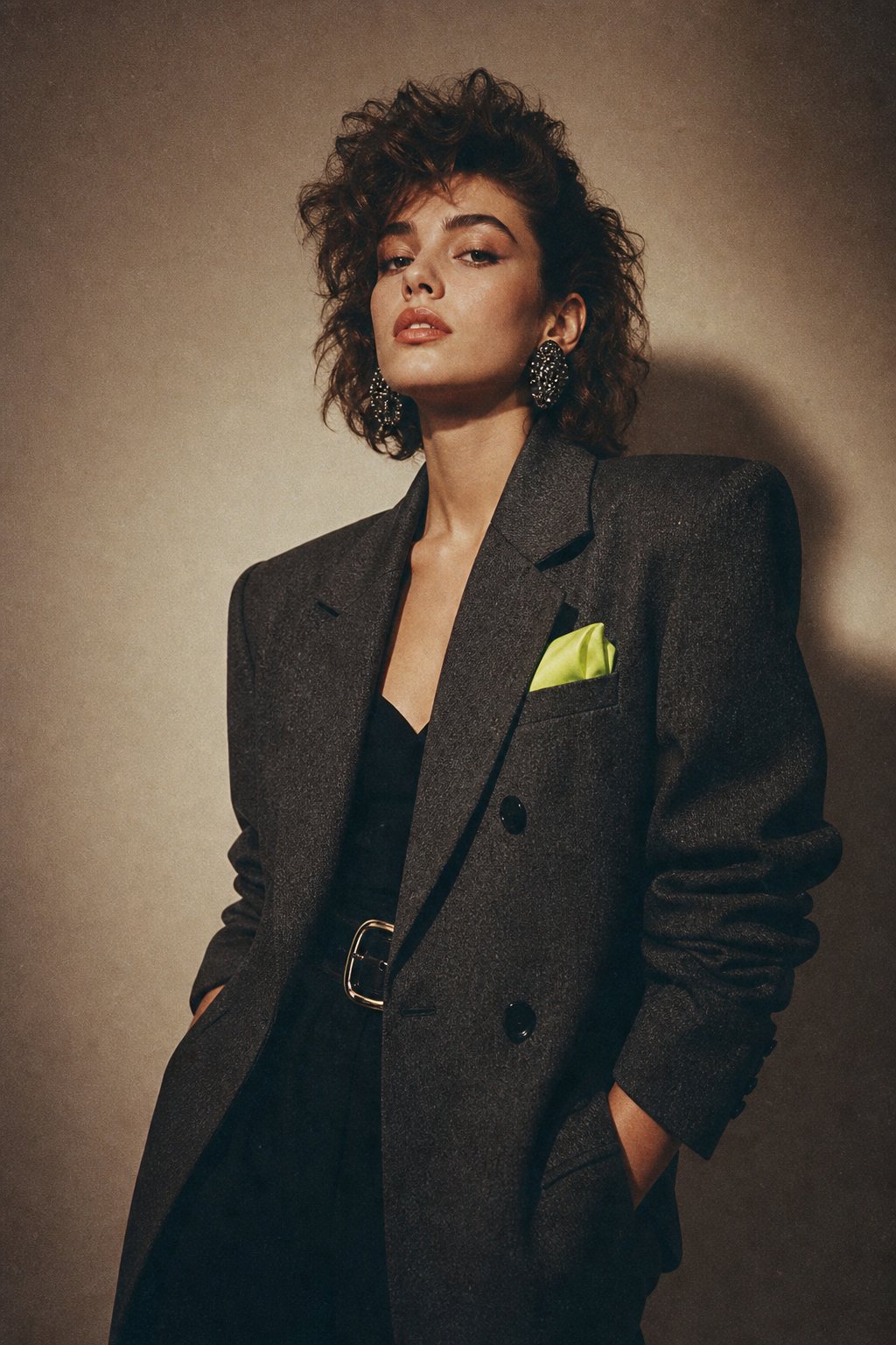 Moody film-inspired editorial photo of a model in an 1980s power blazer with strong shoulders and neon accents