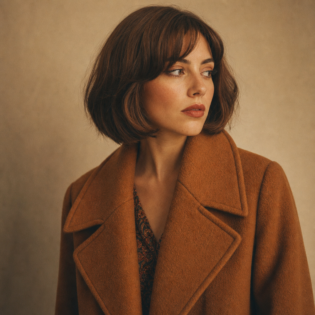 Portrait of a stylish woman with a chestnut bob wearing a caramel vintage wool coat
