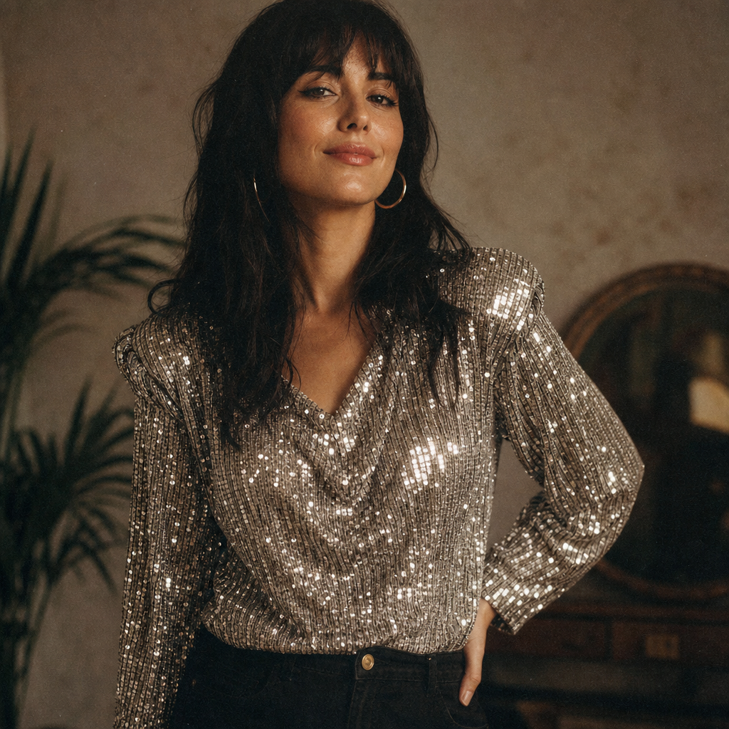 Portrait of a woman with long black hair wearing a silver sequin vintage top