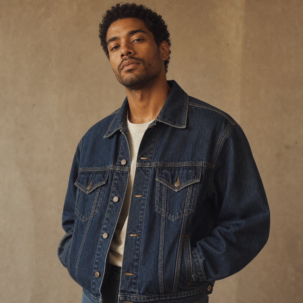 Portrait of a man with warm brown skin wearing a dark indigo denim jacket