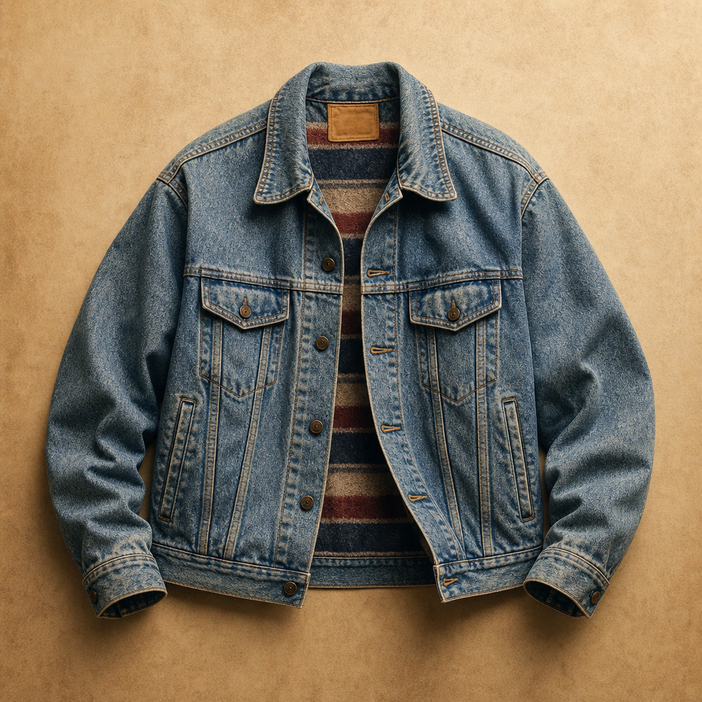 Stonewashed 1980s denim jacket with blanket lining on a warm neutral backdrop