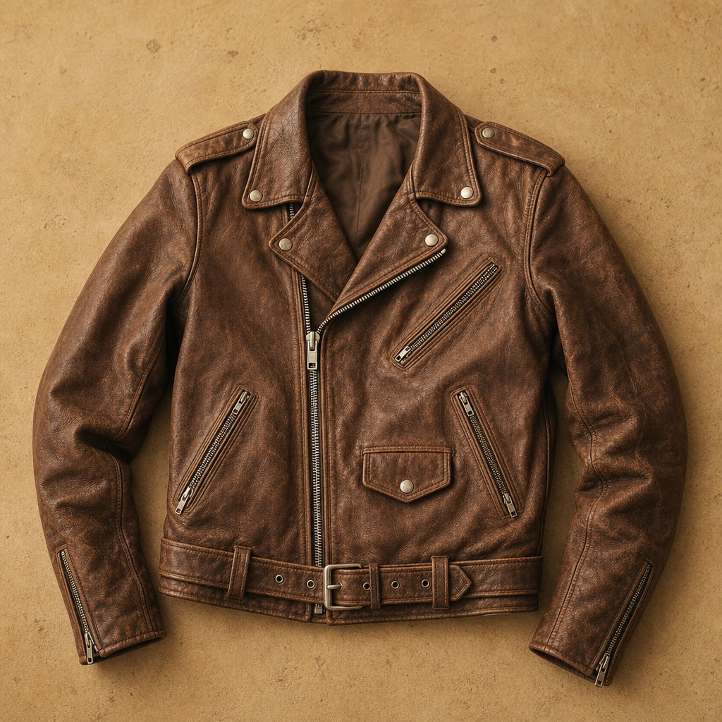 Supple brown 1980s leather moto jacket with aged patina