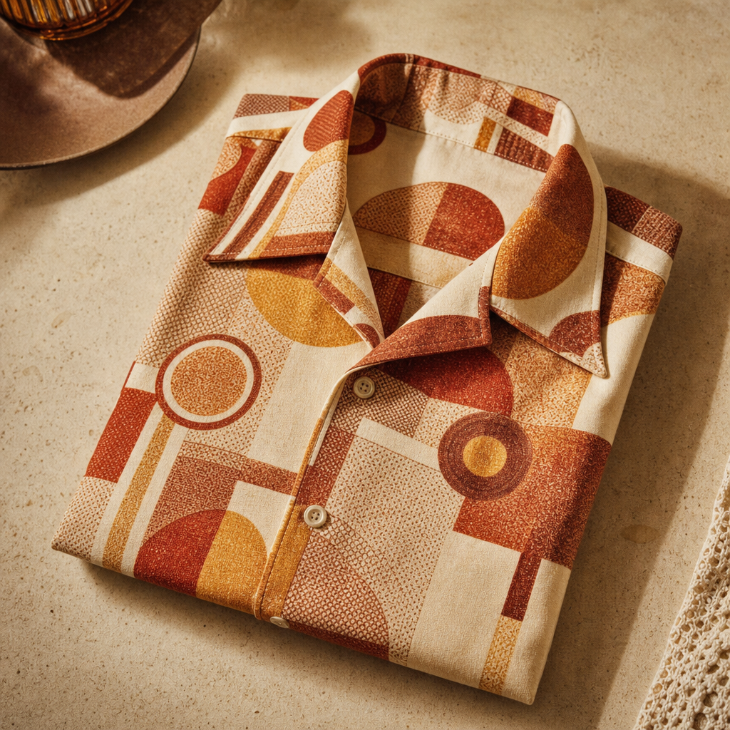 Short-sleeve 1970s printed shirt with warm geometric pattern