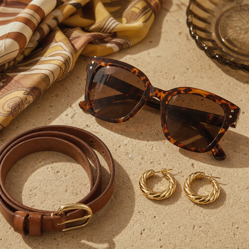 Curated set of retro accessories including tortoiseshell sunglasses and gold hoop earrings