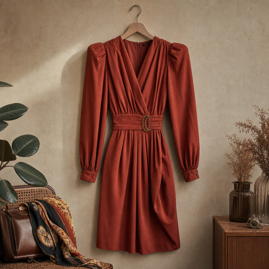 1980s statement dress in deep terracotta with structured shoulders