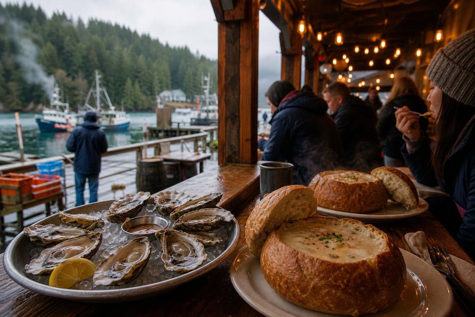 Rainy Pacific Northwest seafood stand with fresh oysters, chowder in bread bowls, and bundled diners under warm string lights near a misty waterfront