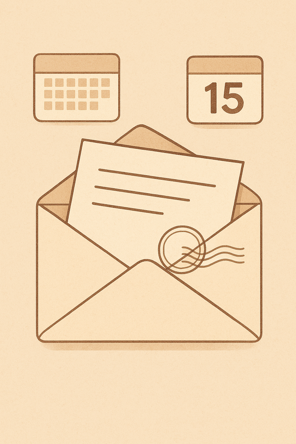 Nostalgic textured paper letter traveling through time with layered envelope, postmark stamp, and calendar date cues