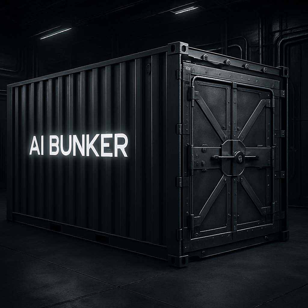 40ft containerized AI bunker with reinforced steel doors, cyber-industrial atmosphere, obsidian black and metallic silver, modern and secure style