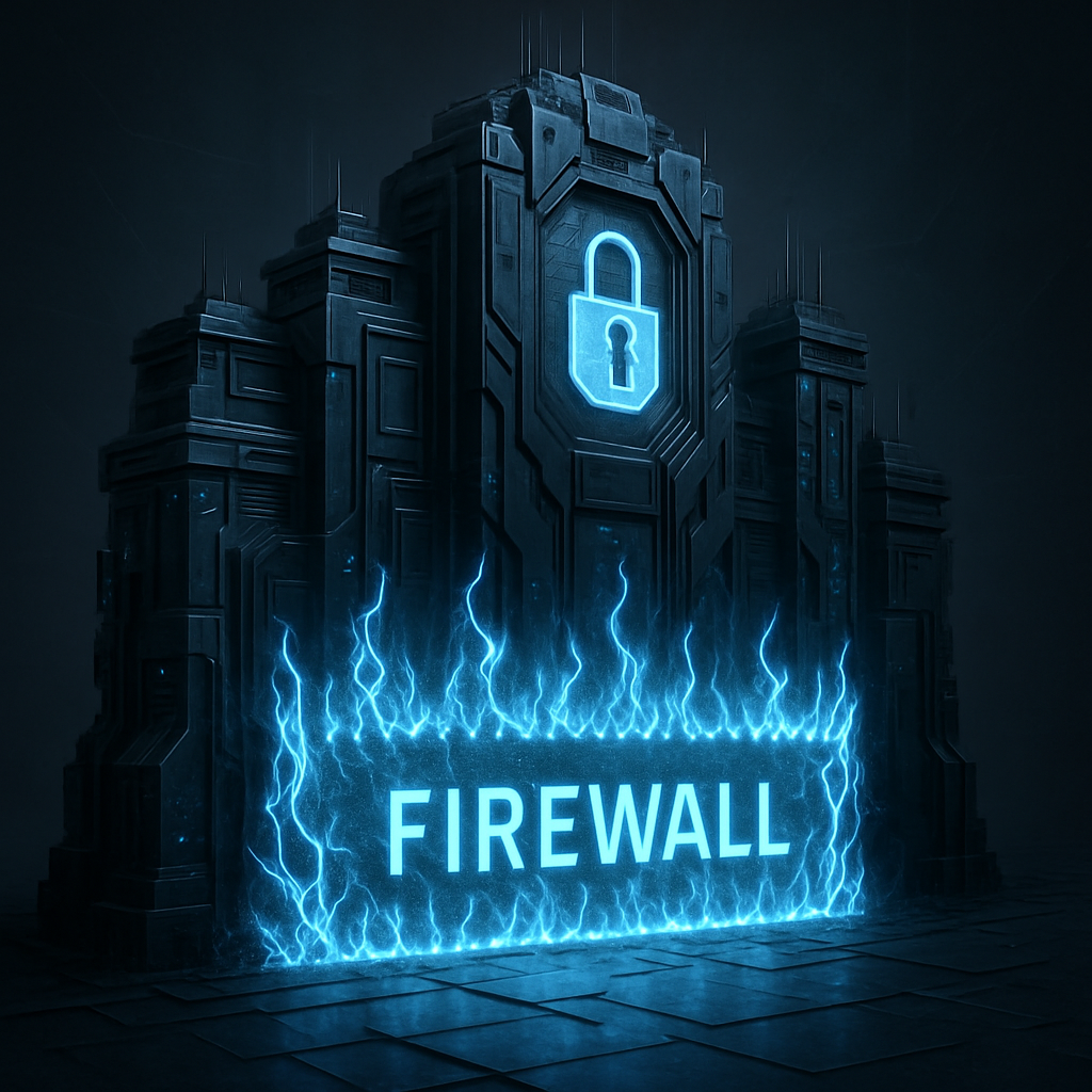 Digital fortress with glowing physical firewall, technical cyber-industrial style, obsidian black with steel and cool blue accents, secure and authoritative mood