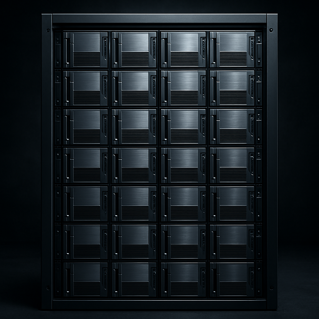High-density modular server rack with brushed metal finish, dark cyber-industrial lighting, obsidian black and steel colors, authoritative and technical mood
