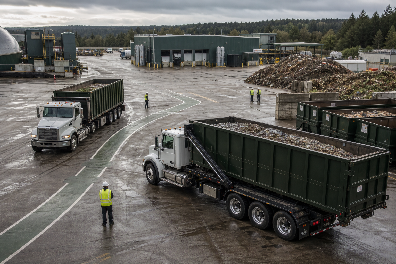 Framed operational scene of heavy-duty trucks and environmental service equipment at an industrial yard with route overlays