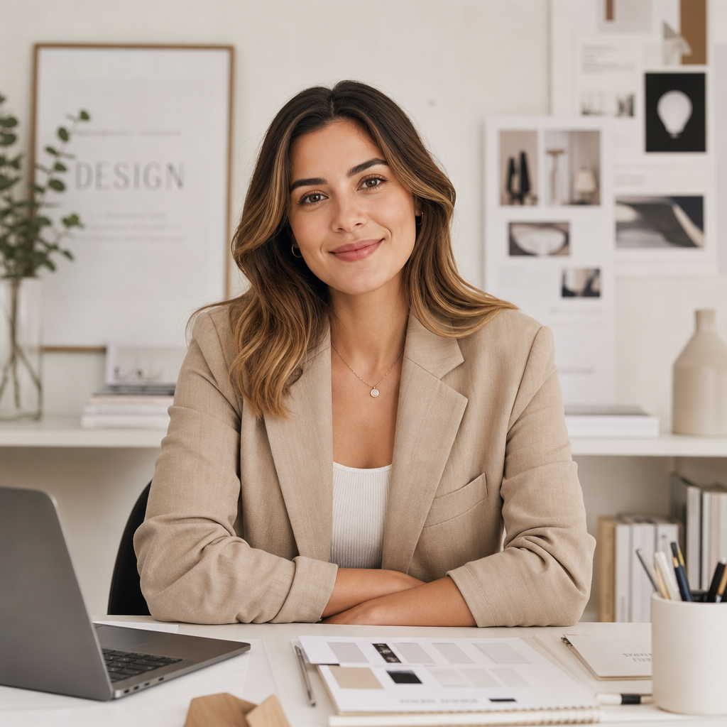 Portrait of a modern freelance designer in a clean studio, wearing a neutral blazer and smiling with a calm, approachable expression