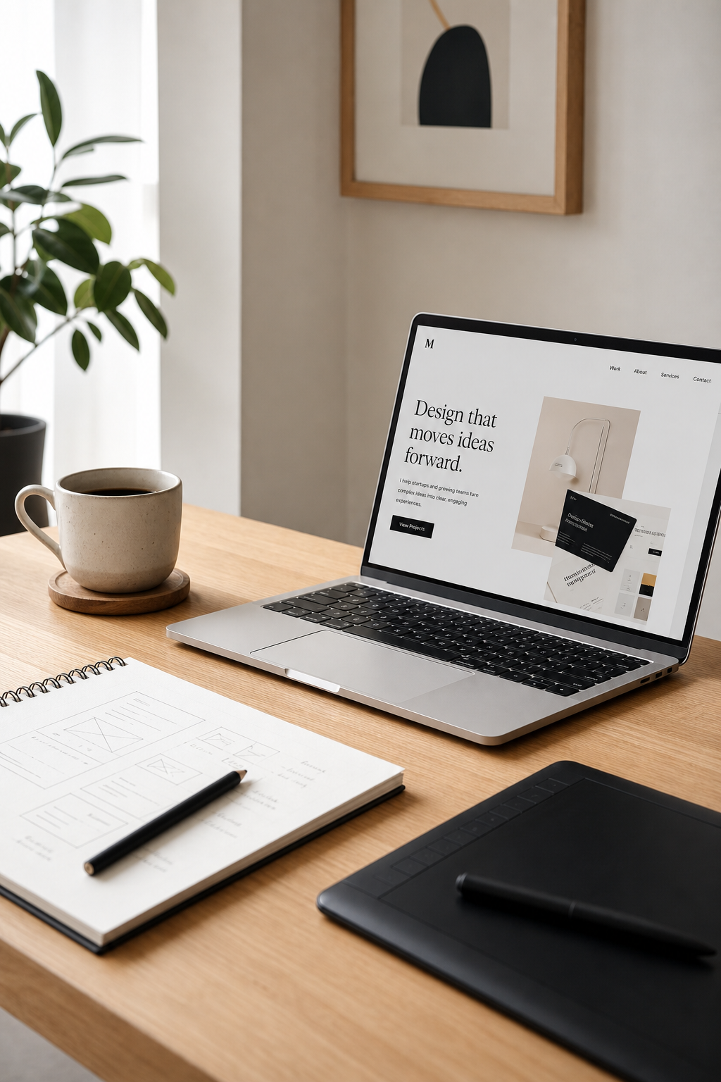 Minimal designer workspace with a slim laptop, sketchbook, and tablet on a light oak desk