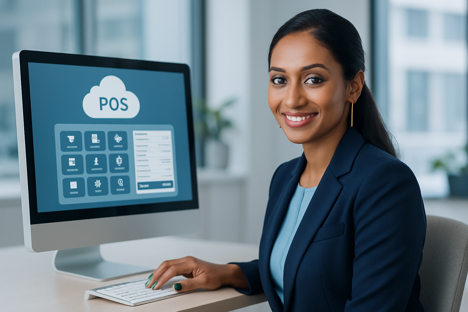 Professional Sri Lankan businesswoman using a cloud POS system on a desktop computer in a modern office, with neat green nail polish and long earrings visible