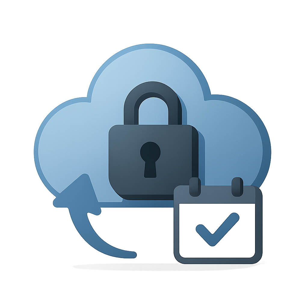 Secure cloud with calendar checkmark icon for POS system Sri Lanka backups, blue and gray tones, clean flat illustration