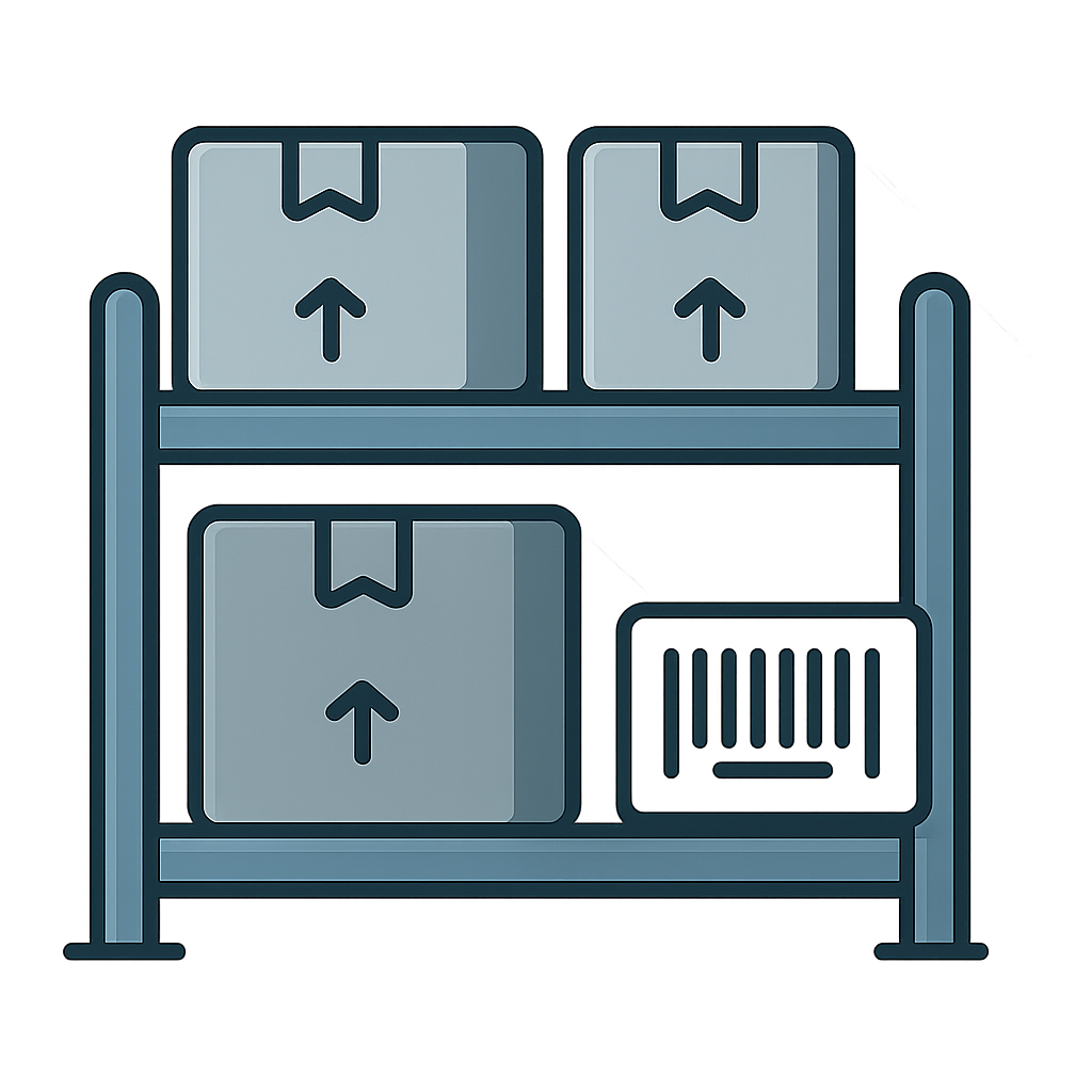 Inventory shelf icon with boxes and barcode for cloud-based POS and ERP for Sri Lanka, blue and gray, flat design