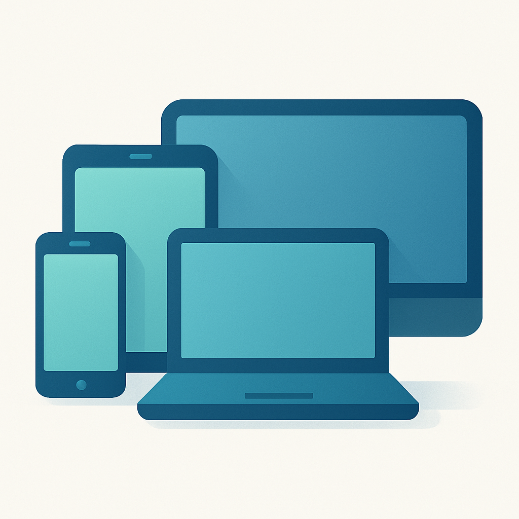 Multi-device icon showing phone, tablet, laptop, and desktop for POS system Sri Lanka and ERP system Sri Lanka, blue and teal palette, flat design