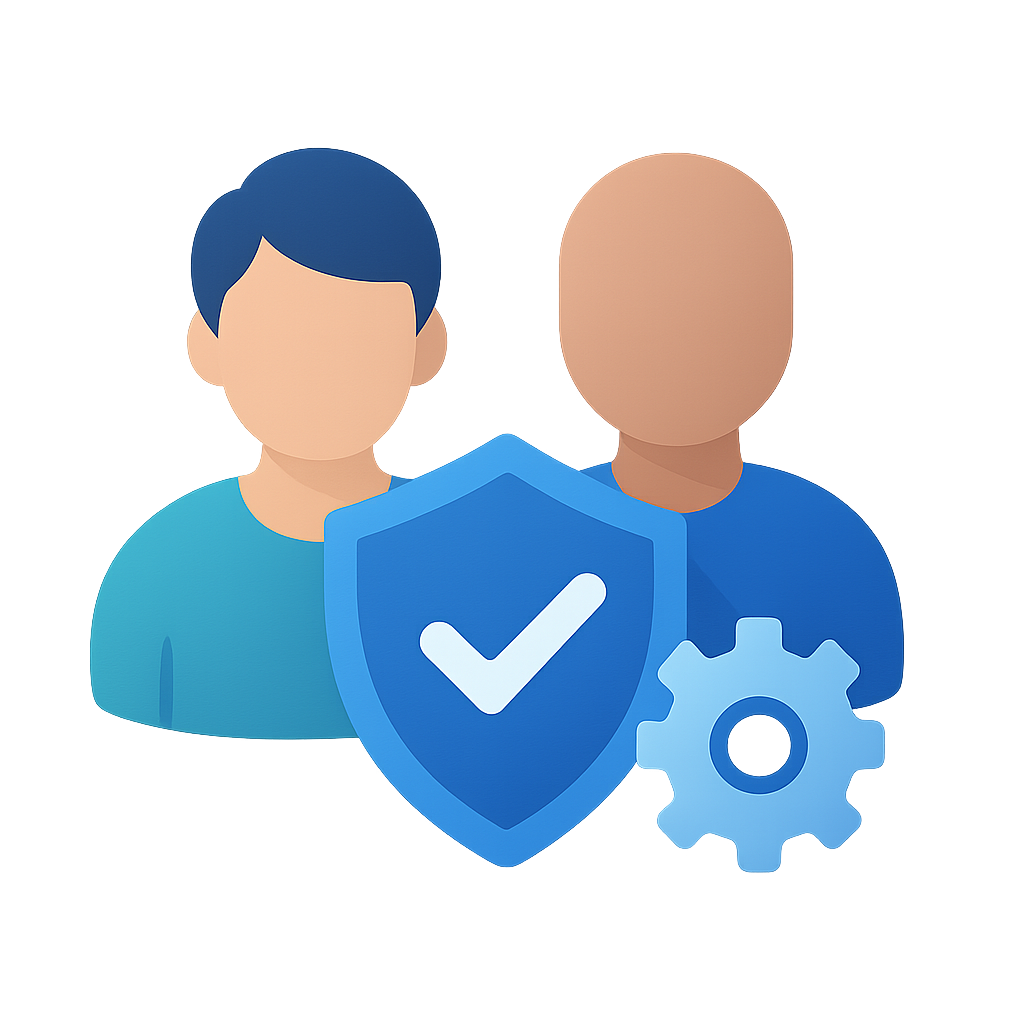 User avatars with shield and gear icon for ERP system Sri Lanka access control, blue and teal flat style