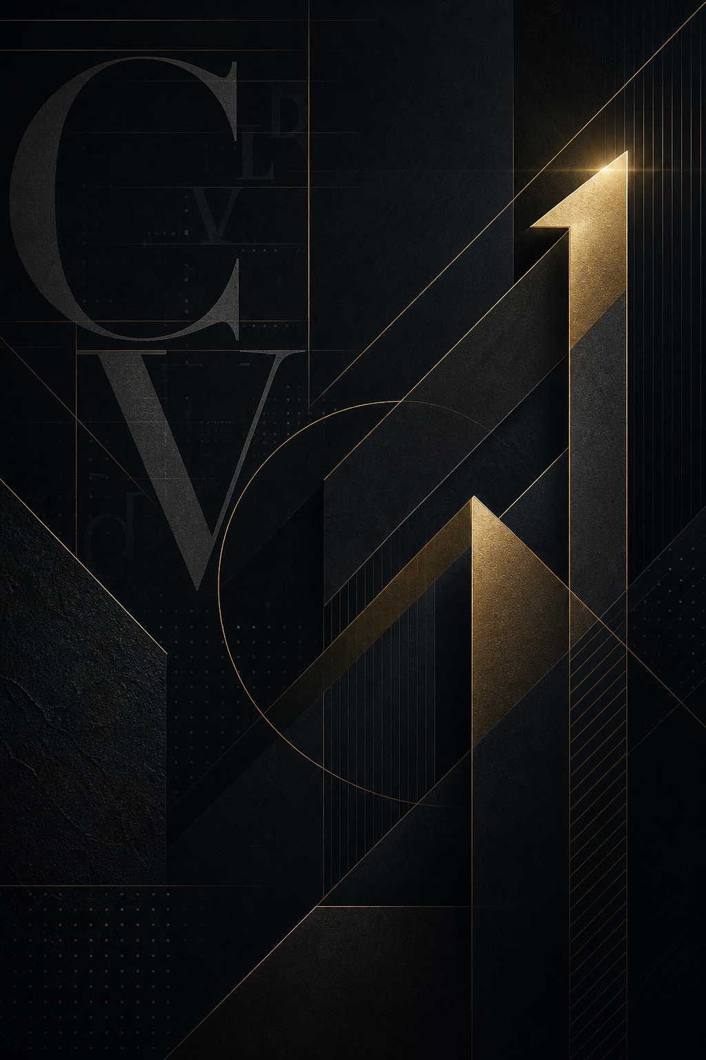 Abstract executive-brand composition with layered typography motifs, geometric linework, and upward momentum accents