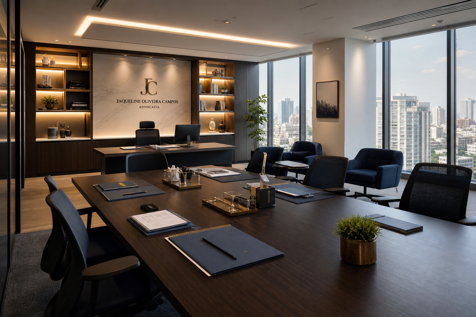 Escritório jurídico moderno e profissional com mesas organizadas, iluminação suave e ambiente corporativo elegante