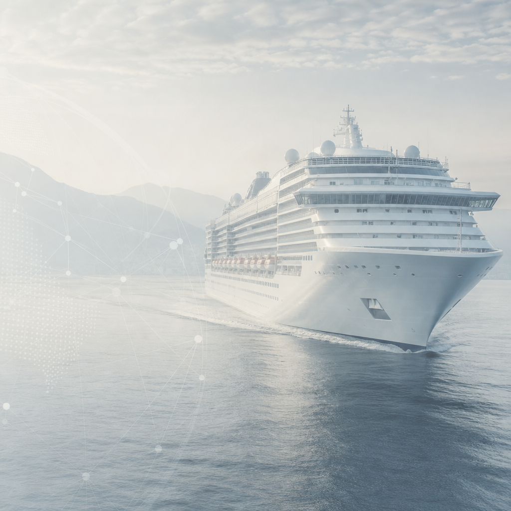 Cinematic view of a modern cruise ship at sea in a refined, professional maritime setting