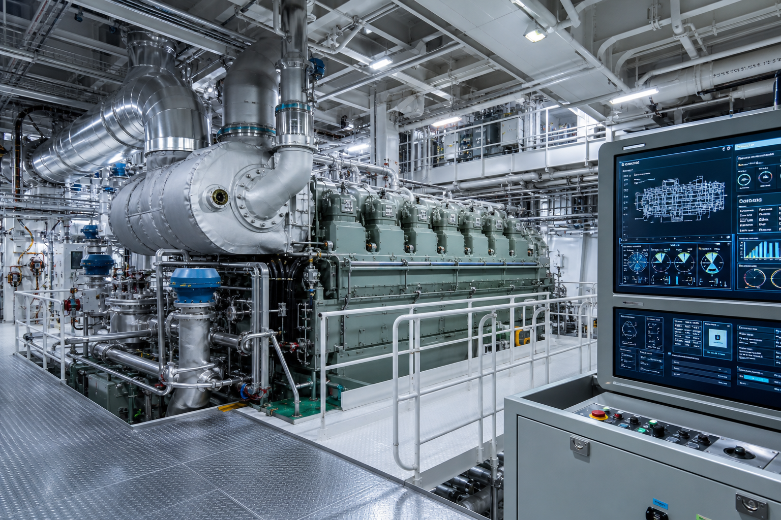 Engine room with industrial turbines, pipes, and monitoring panels in a modern cargo vessel