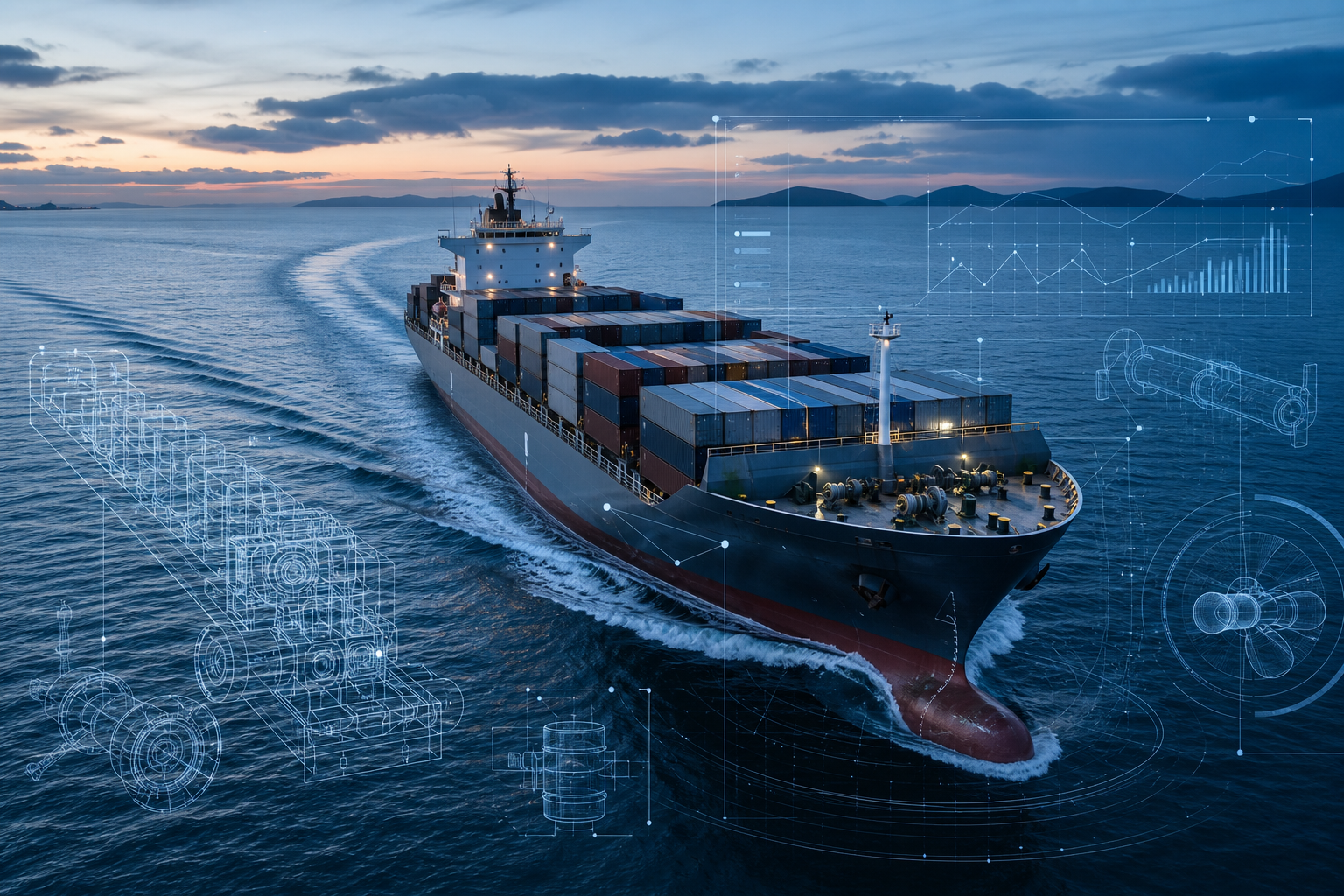 A modern cargo vessel at sea overlaid with transparent technical schematics and data lines, conveying AI-driven operational monitoring