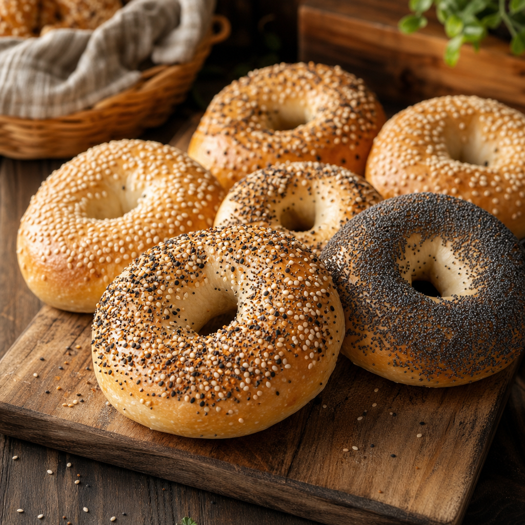 Assorted bagels with sesame and poppy seeds on a wooden board