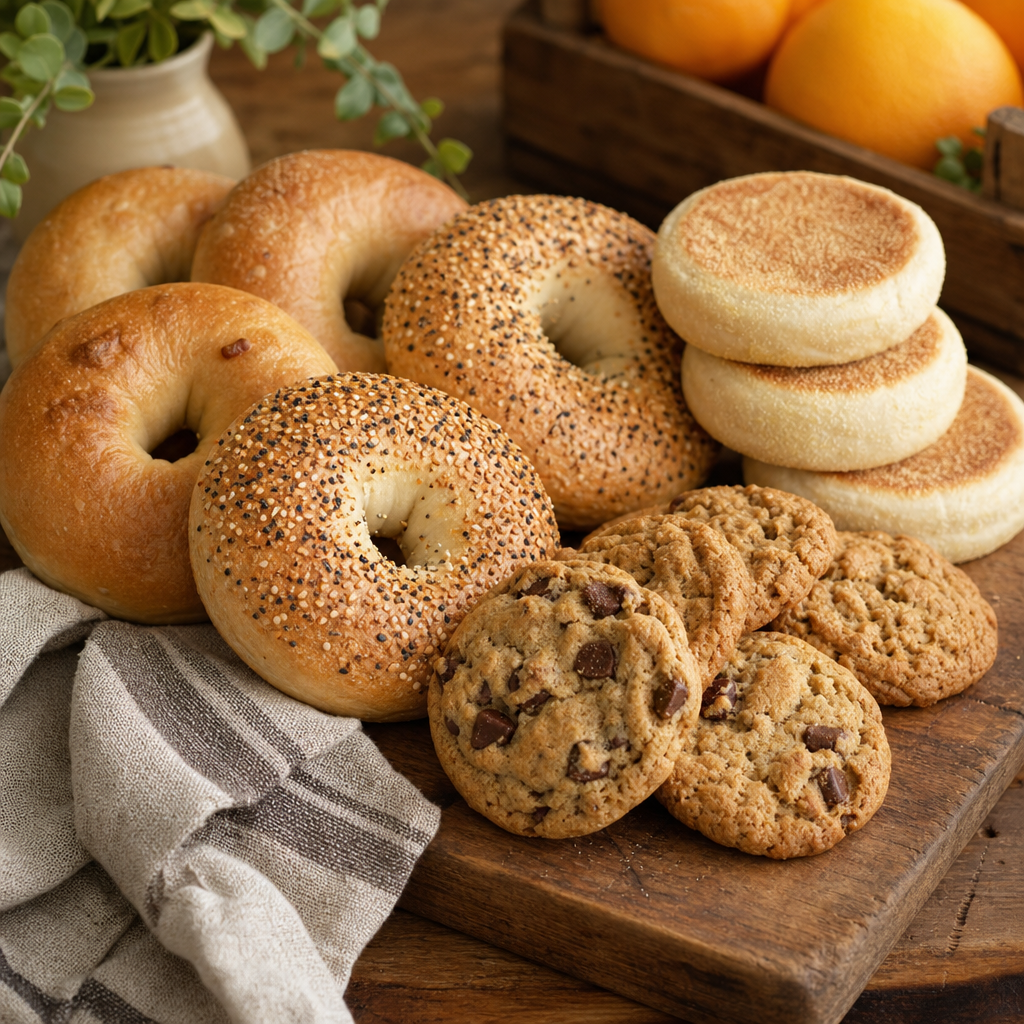 Assortment of bagels, cookies, and English muffins on a wooden board