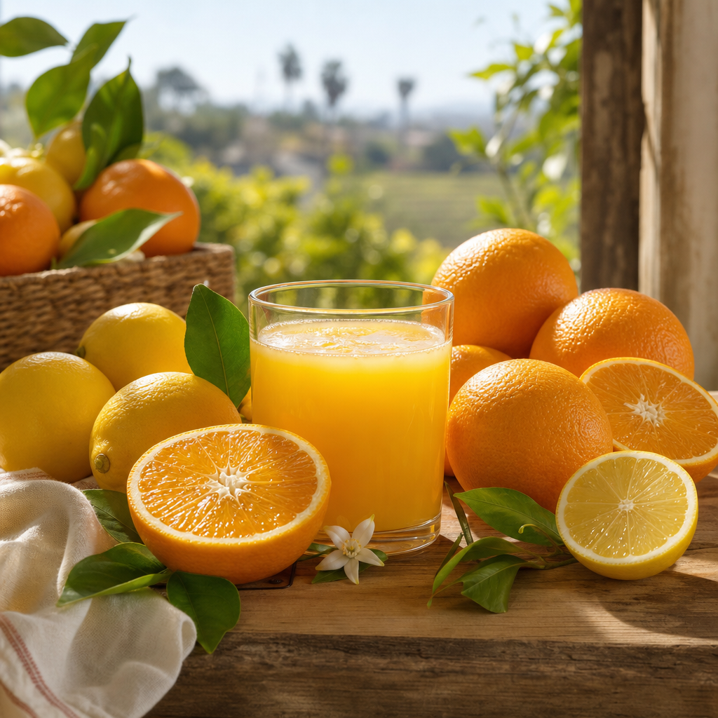 Bright oranges and lemons beside a glass of fresh squeezed orange juice