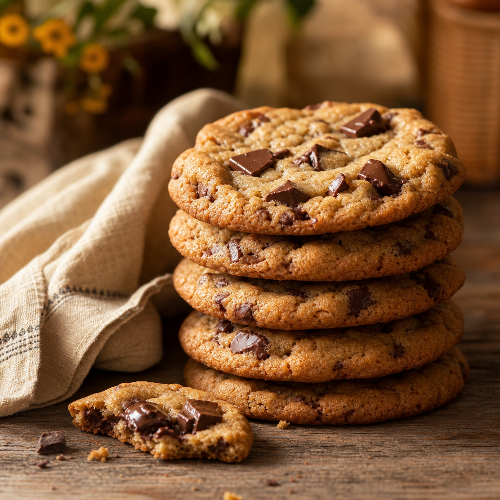 Stack of golden brown cookies with chocolate chunks and a rustic linen cloth
