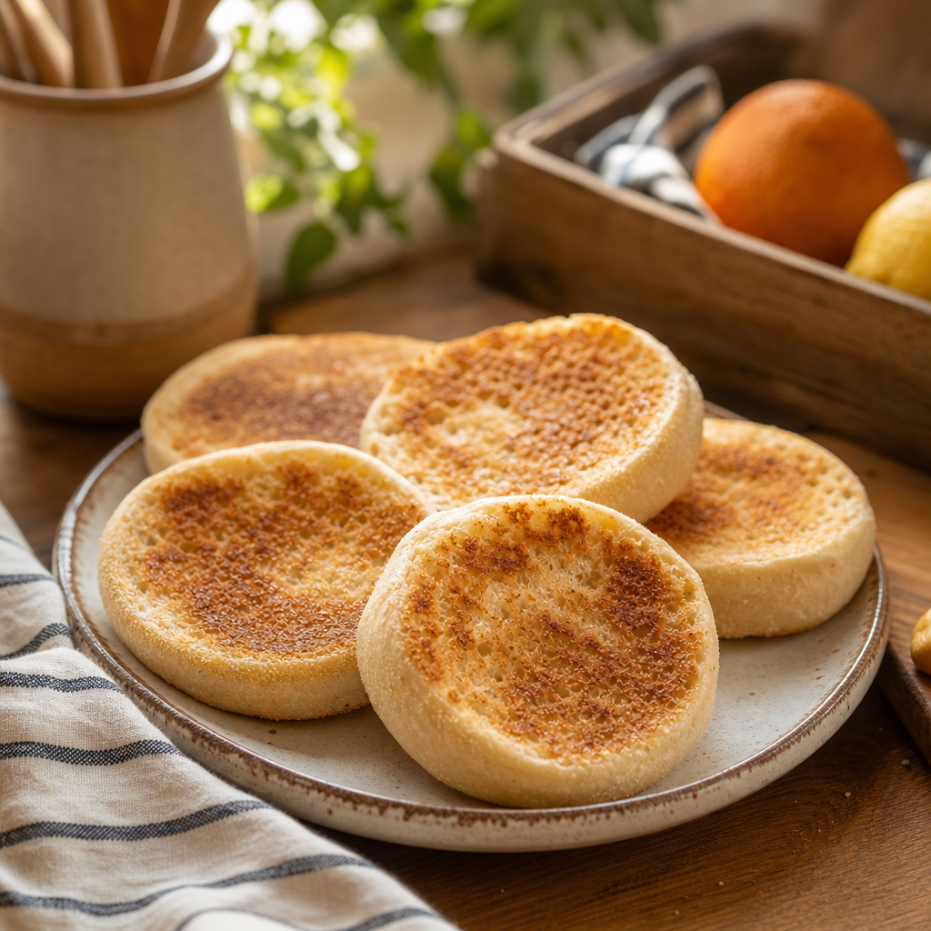 Toasted English muffins with browned edges on a ceramic plate