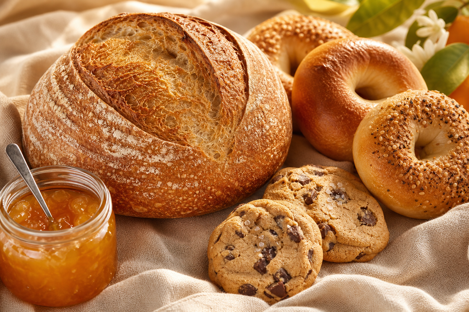 Golden sourdough loaf with bagels and cookies on a linen cloth beside a small jar of orange marmalade