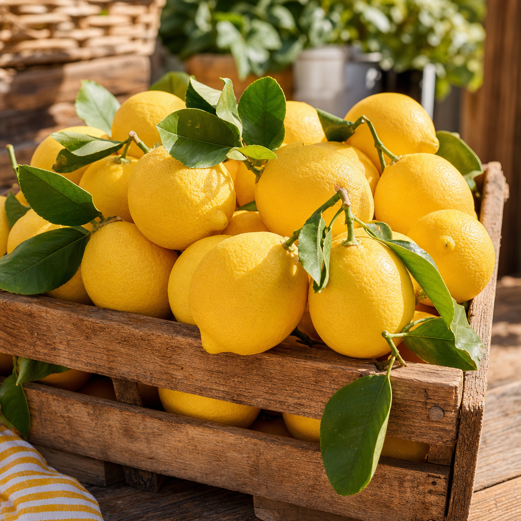 Bright yellow lemons with green leaves in a rustic wooden crate