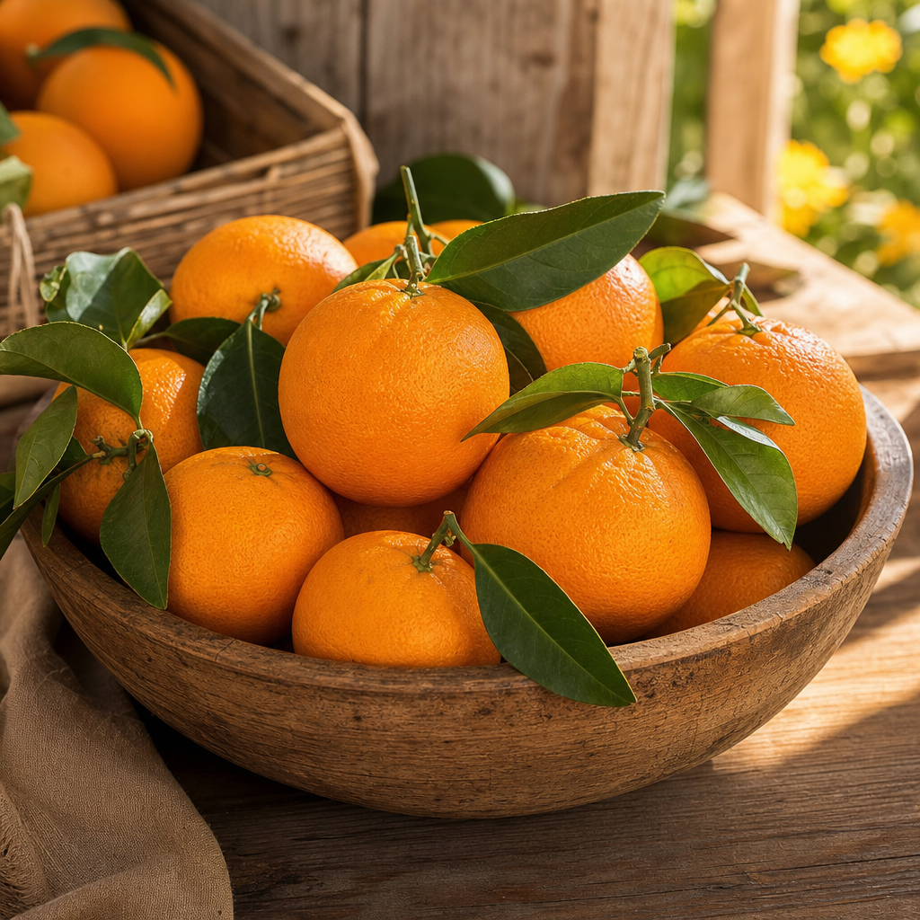 Bowl of ripe oranges with textured peel and leafy stems