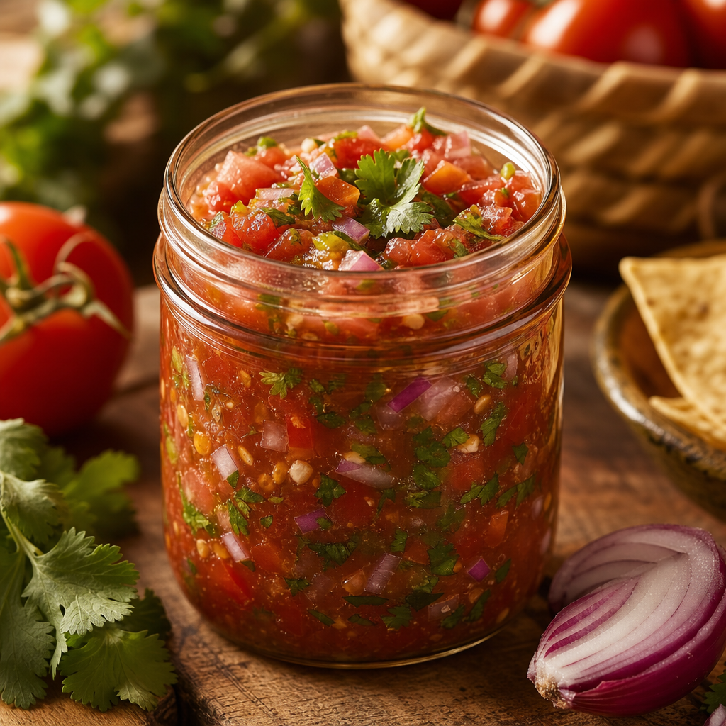 Glass jar of chunky garden salsa with tomatoes and herbs