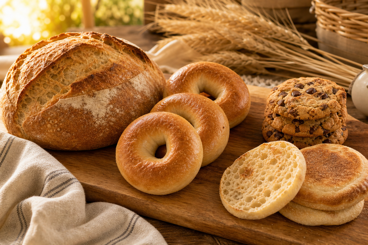 Wooden board with sourdough bread, bagels, cookies, and English muffins under warm rustic lighting