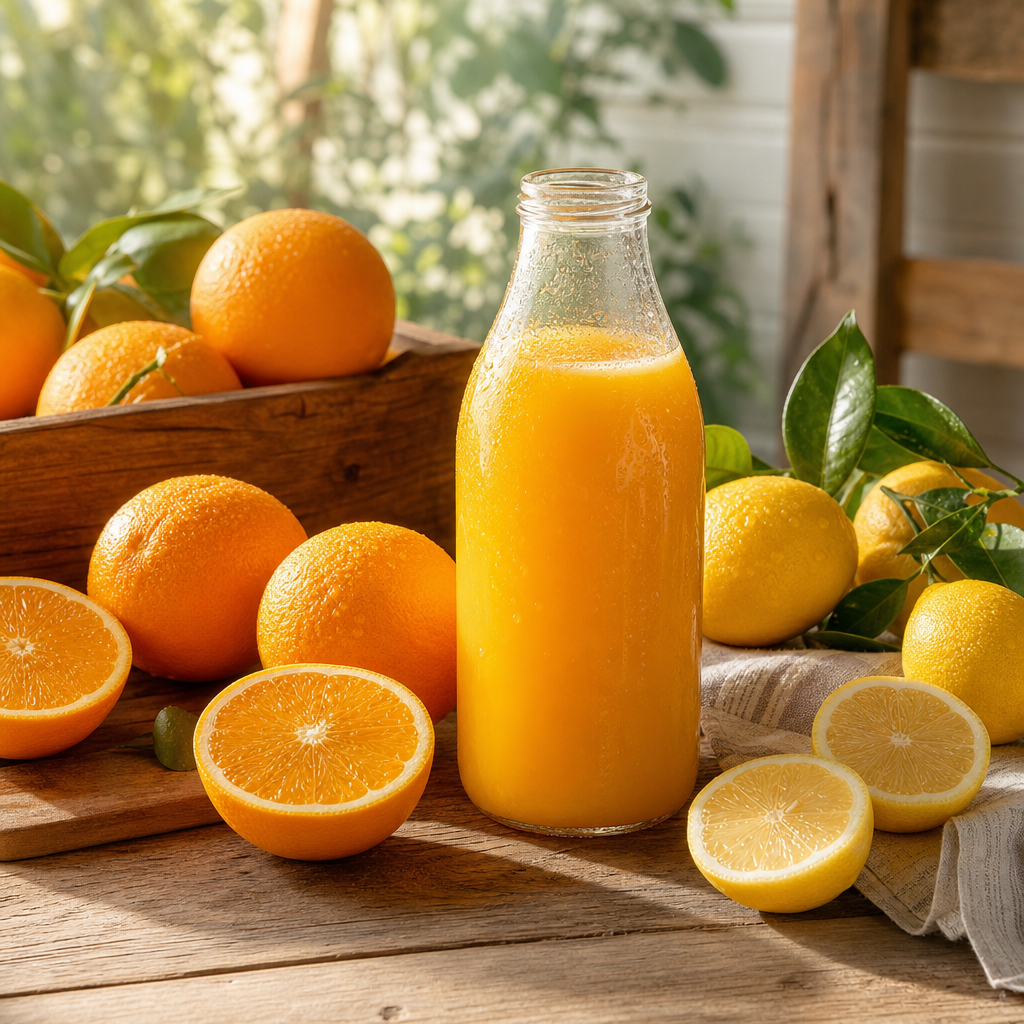 Fresh oranges and lemons with a glass bottle of squeezed orange juice on a farmhouse table