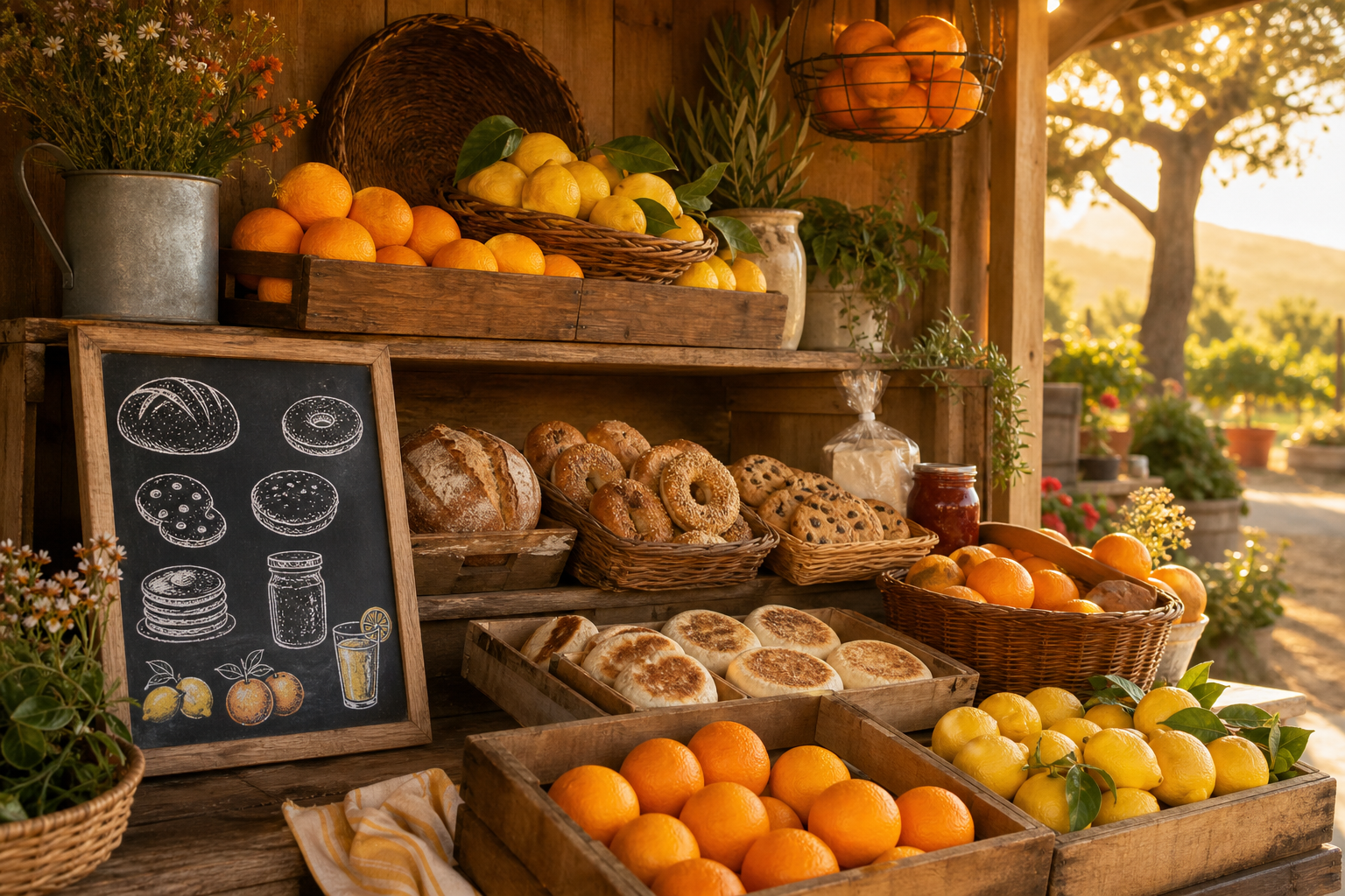 Rustic farm stand with wooden shelves, baskets of citrus, and a chalkboard menu in warm afternoon light
