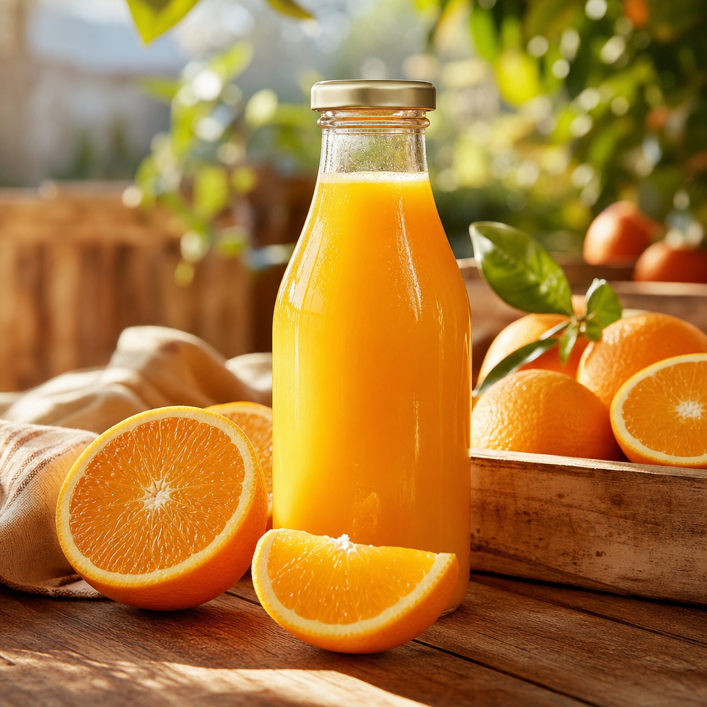 Glass bottle of fresh squeezed orange juice with sliced oranges