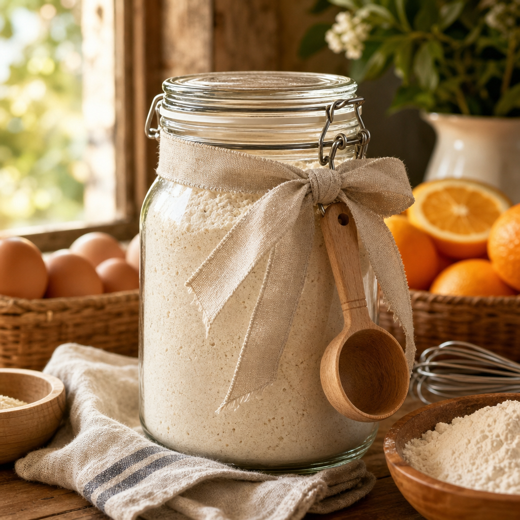 Jar of homemade pancake mix with a linen ribbon and measuring spoon