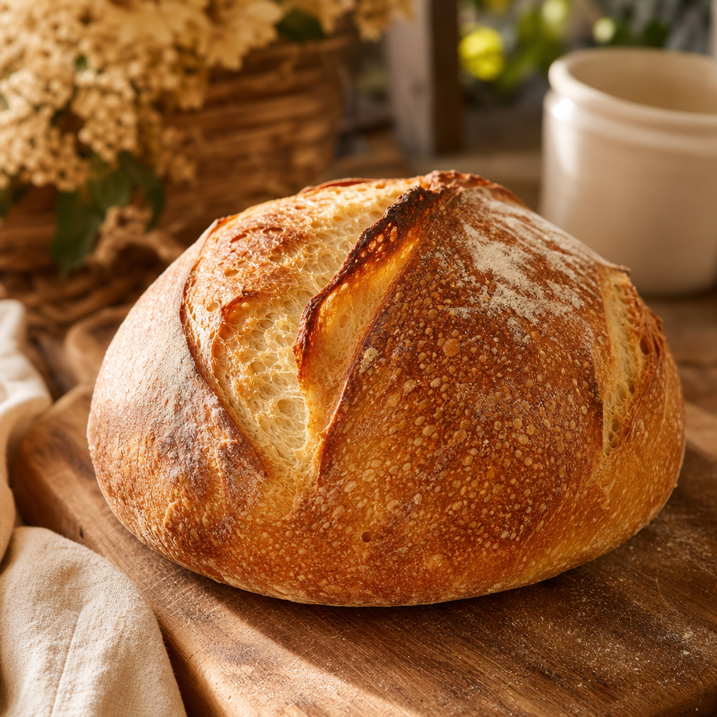 Crusty golden sourdough loaf with a rustic scored top
