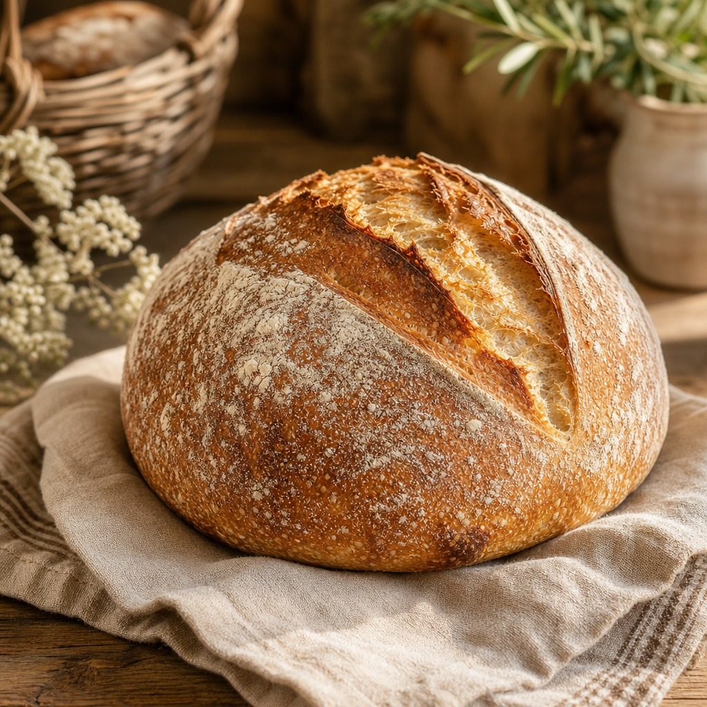 Rustic sourdough loaf with a golden crust resting on a linen towel