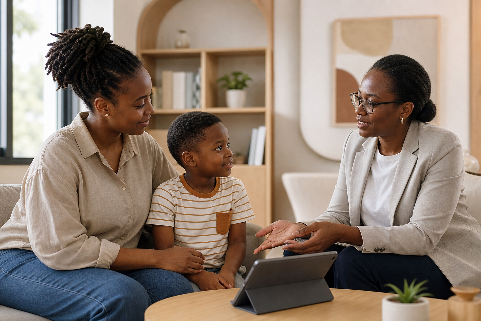 African caregiver and child sitting together with a specialist in a calm modern space, symbolizing guided developmental support and trust