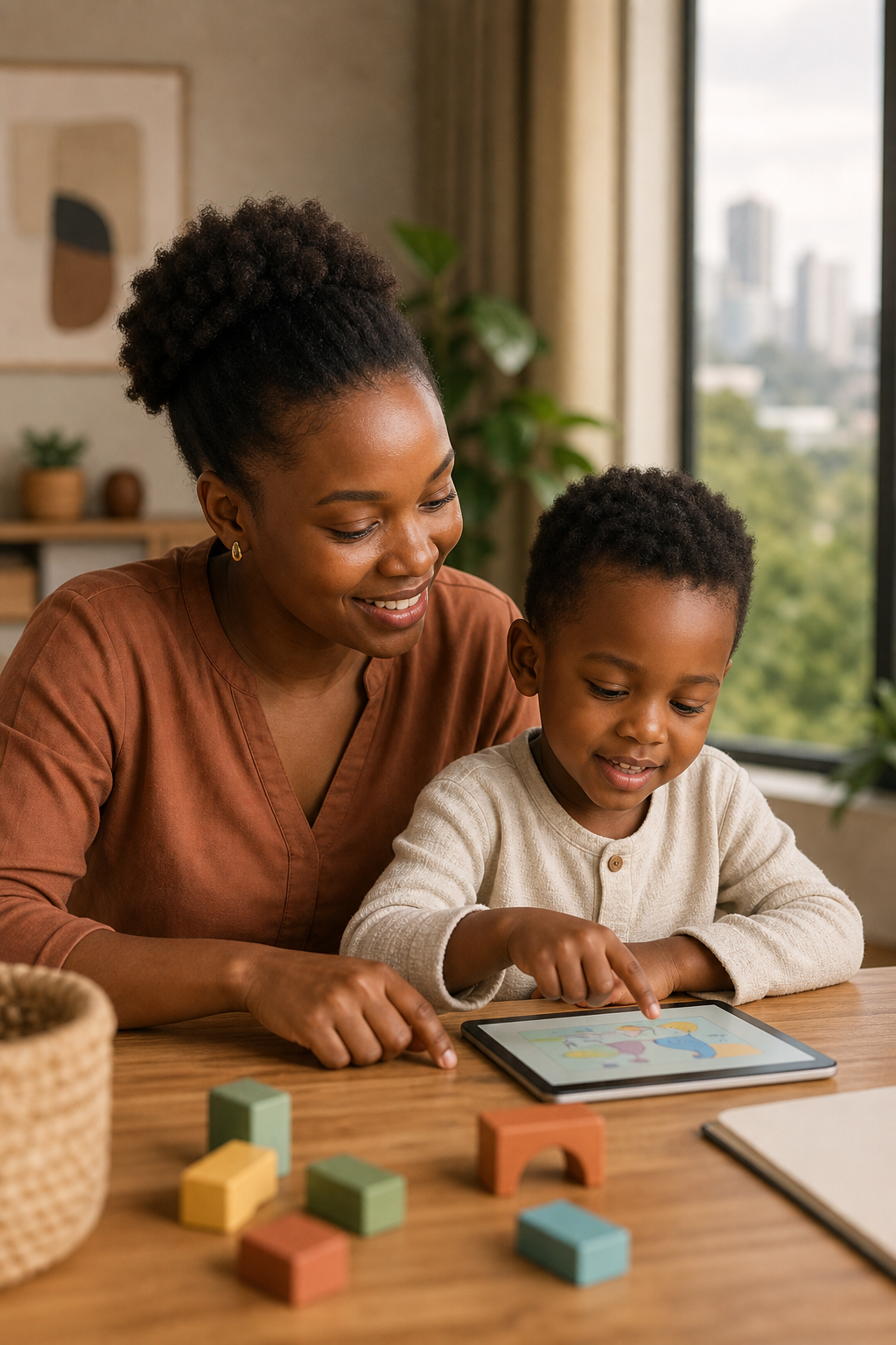 African caregiver and child sharing a calm learning moment at home with warm natural light